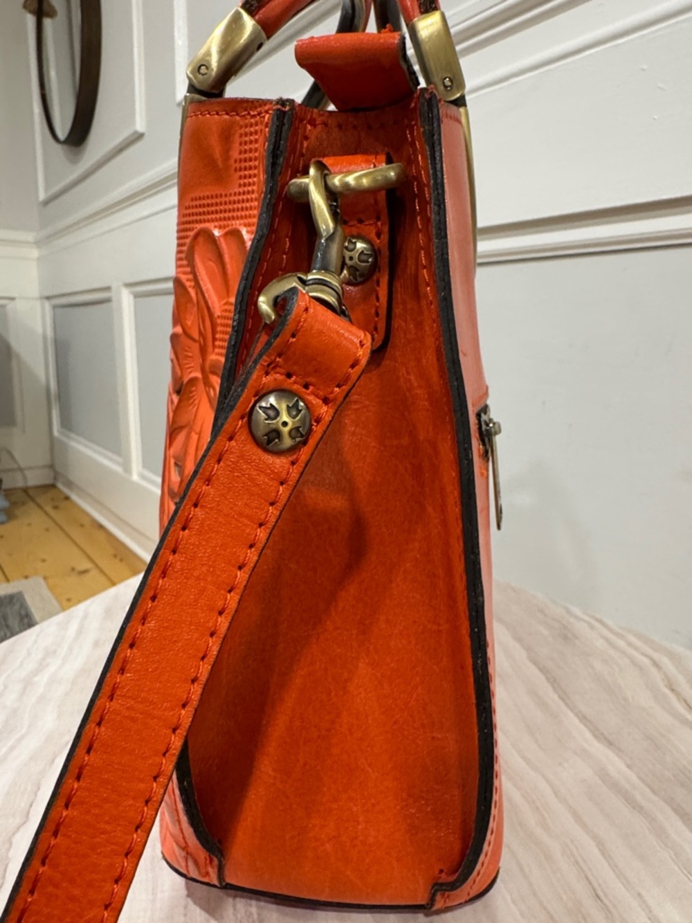 Patricia Nash Bag Aria Double Ring Orange Leather Floral Laser Cut Crossbody - Picture 7 of 17